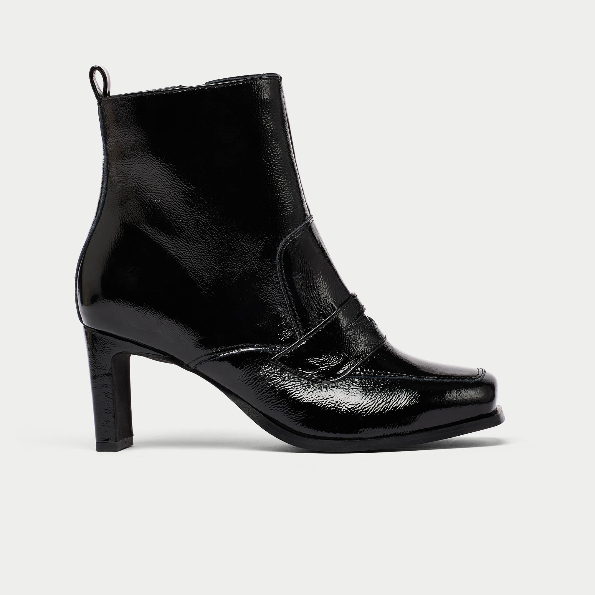Daphne black patent leather heel boot side view