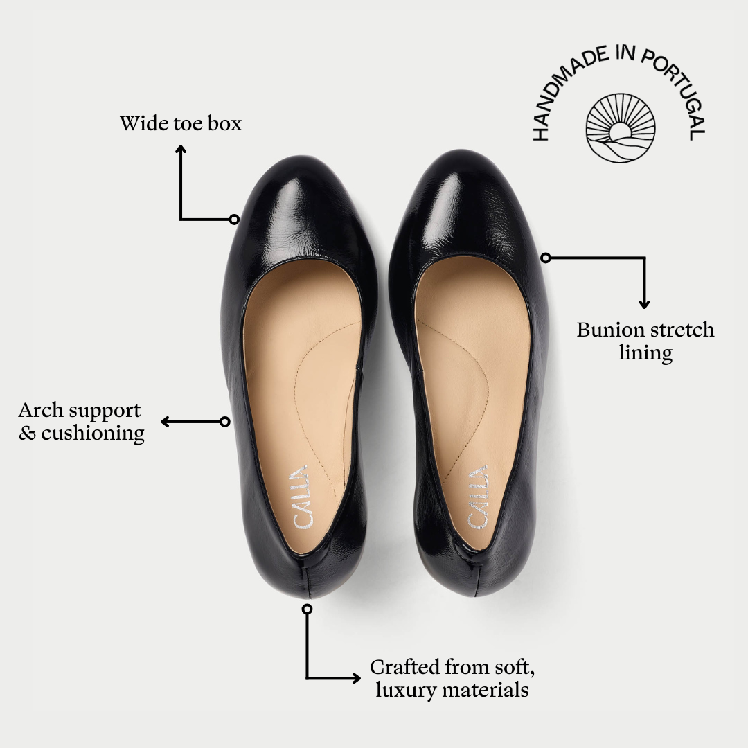 Black shoes with features highlighted on a white background