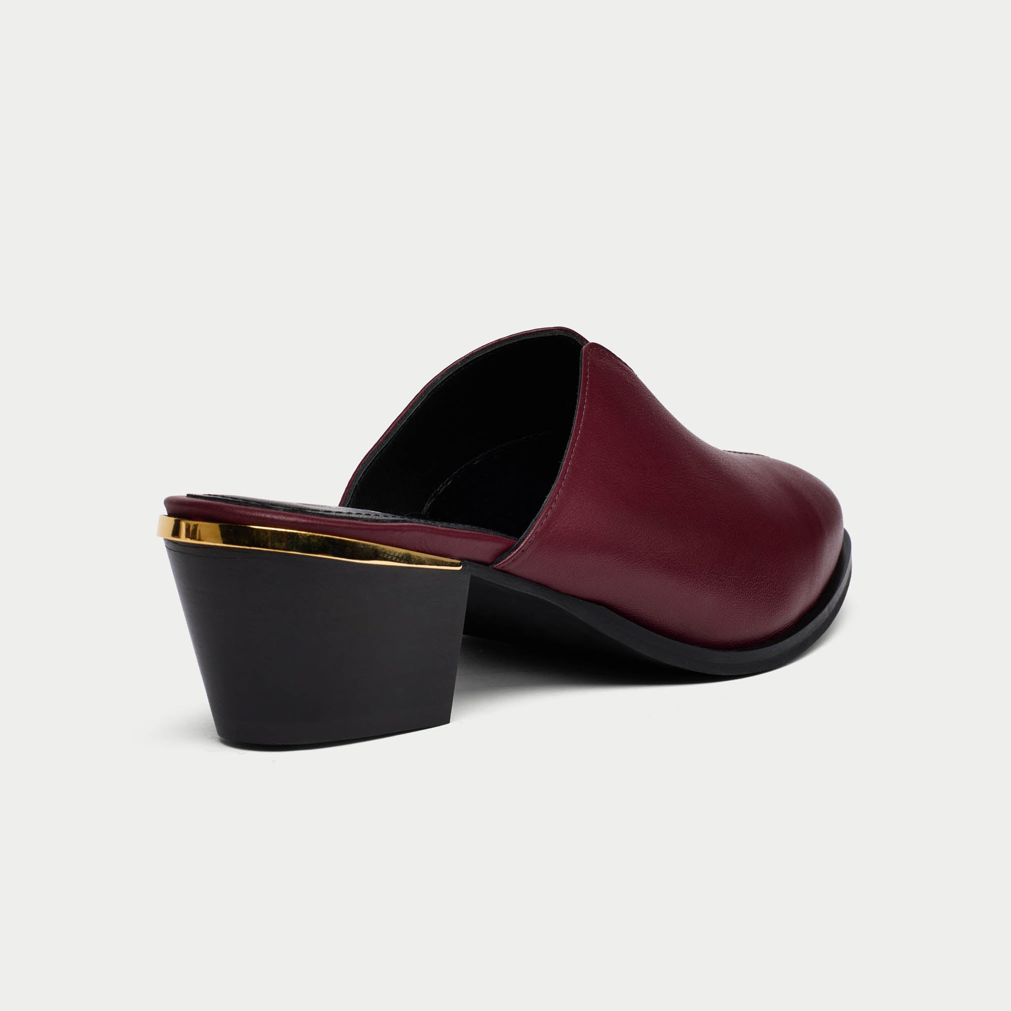 Eden burgundy mule heel close up