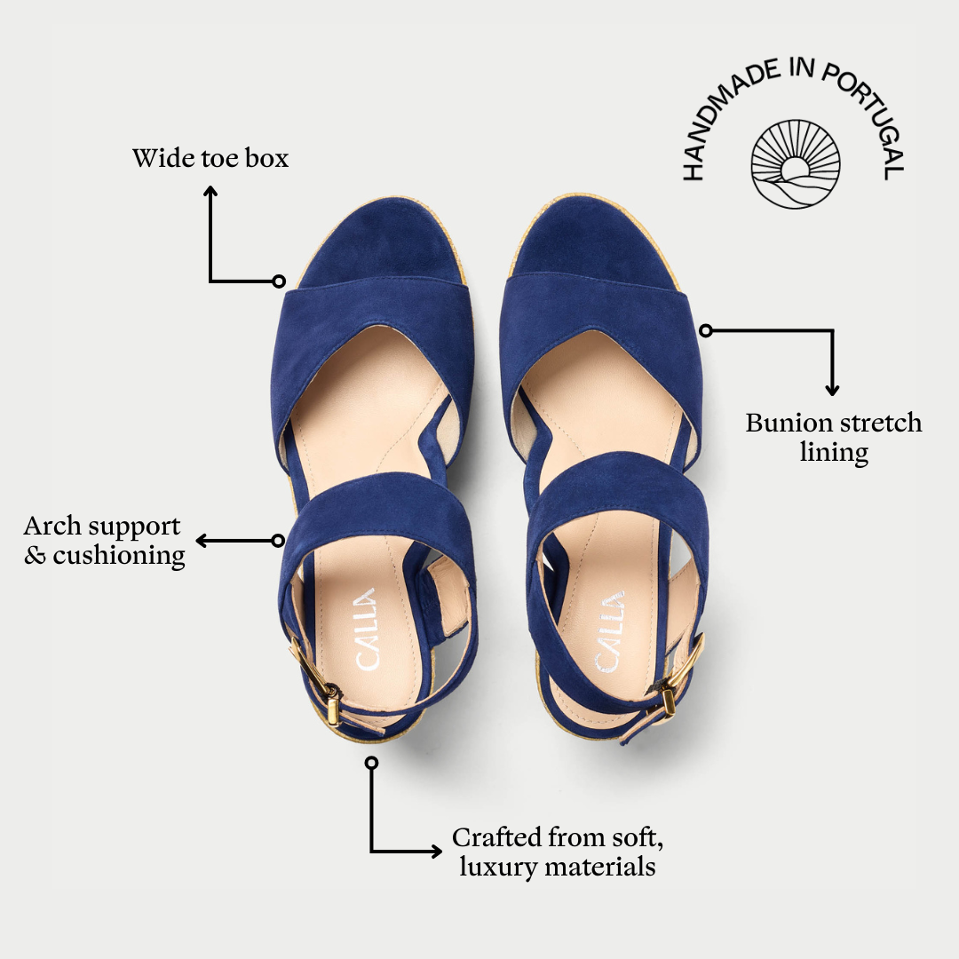 Navy blue sandals with features highlighted on a white background