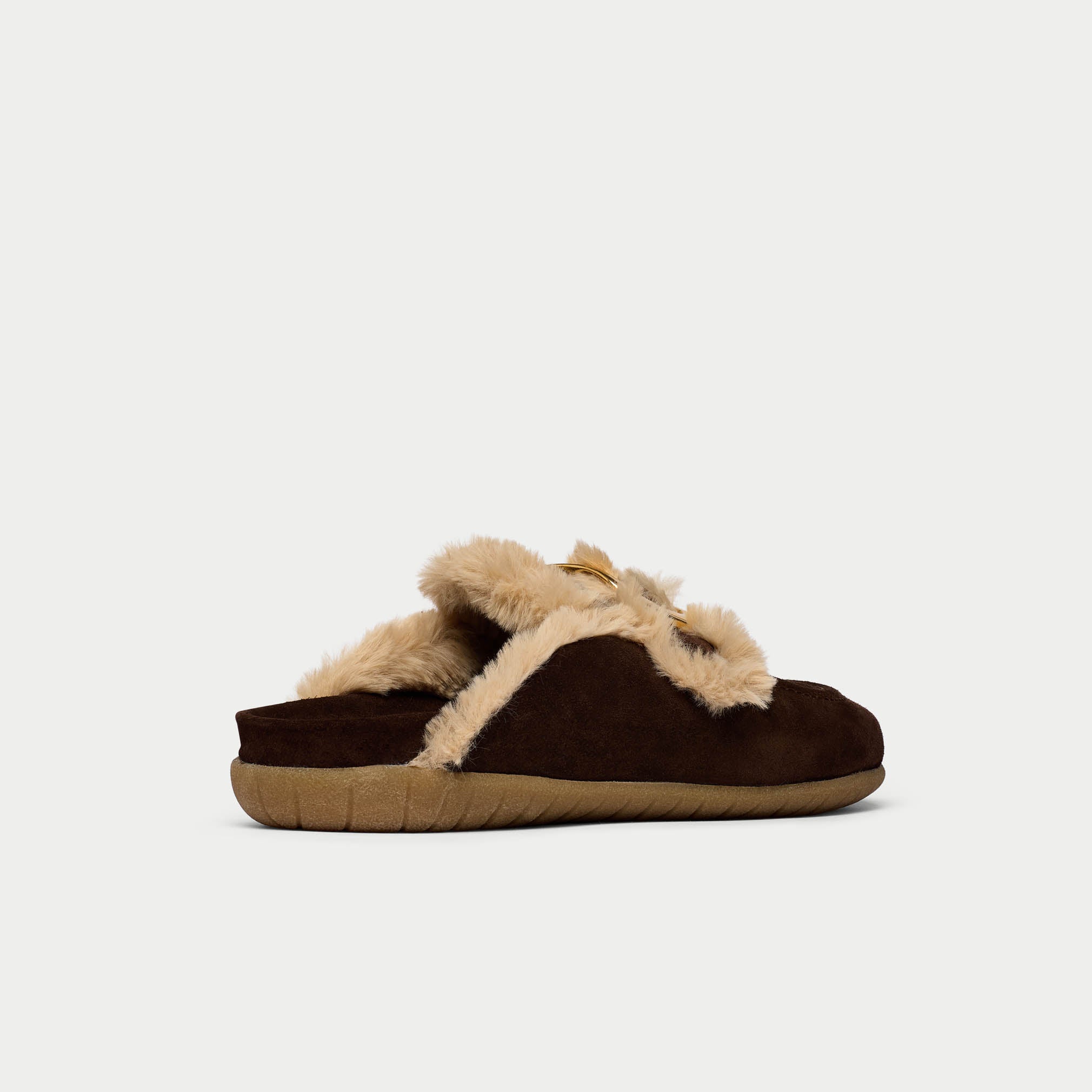 Brown and beige slipper with fur trim on a light gray background