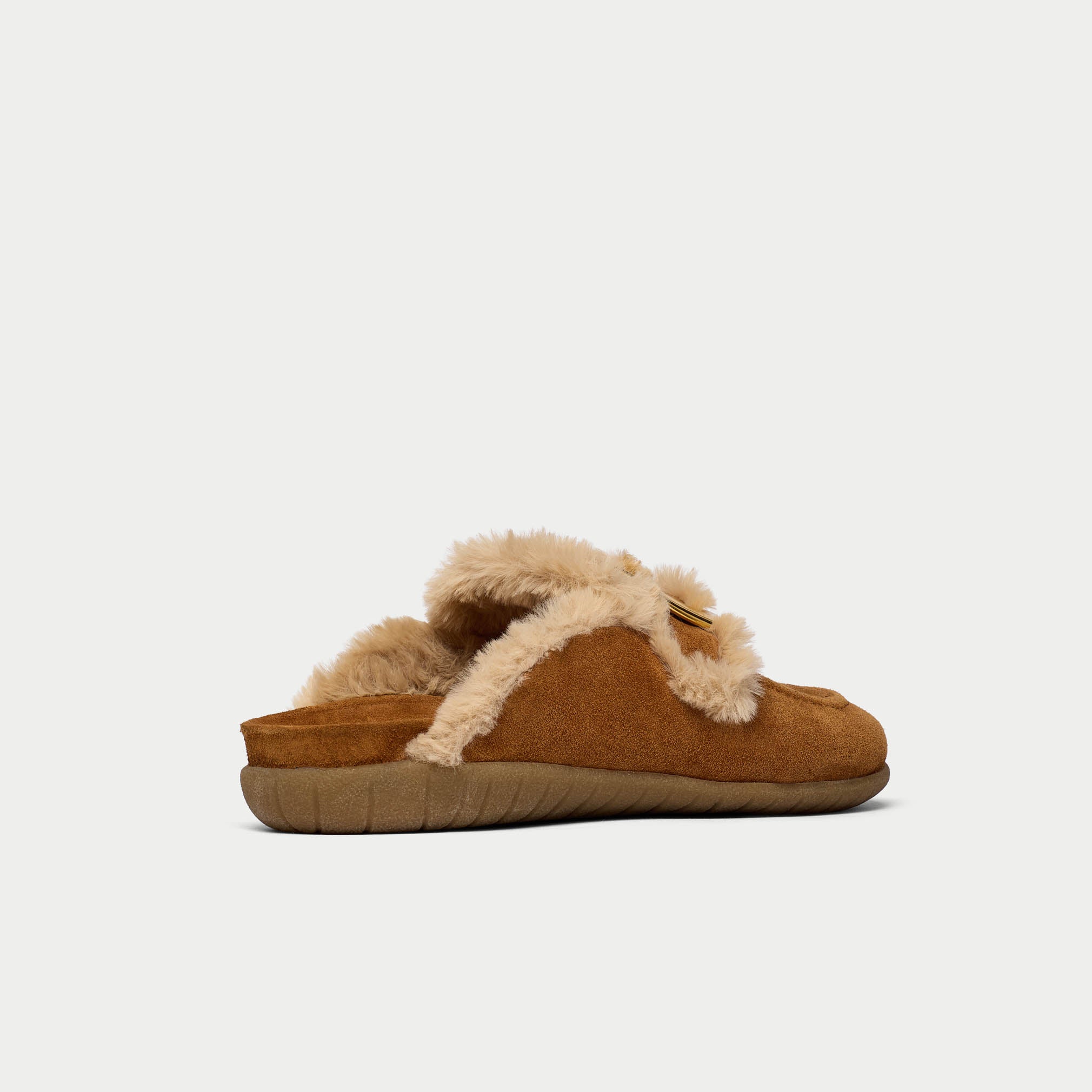 Brown slipper with fur trim on a white background