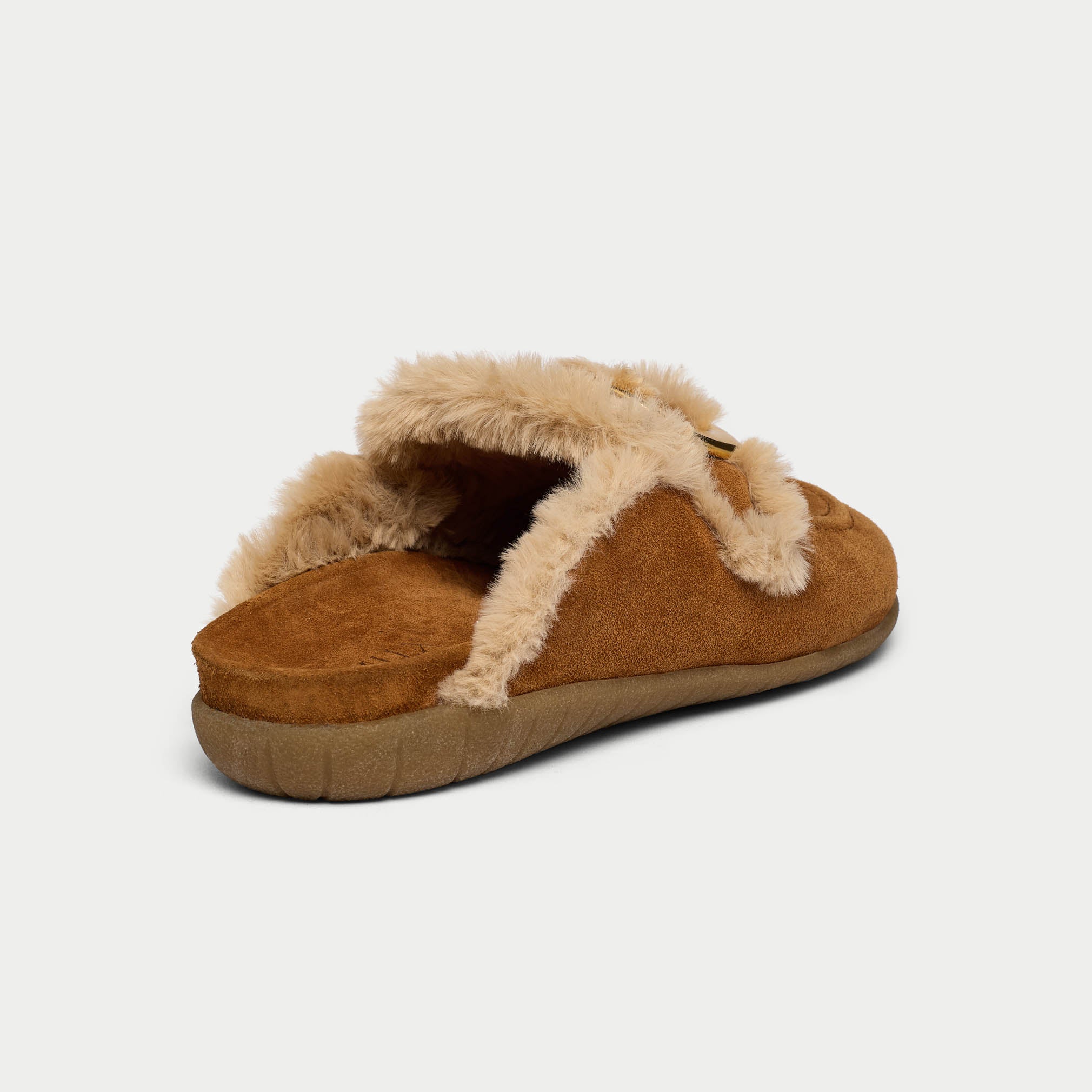 Brown slipper with fur trim on a light gray background