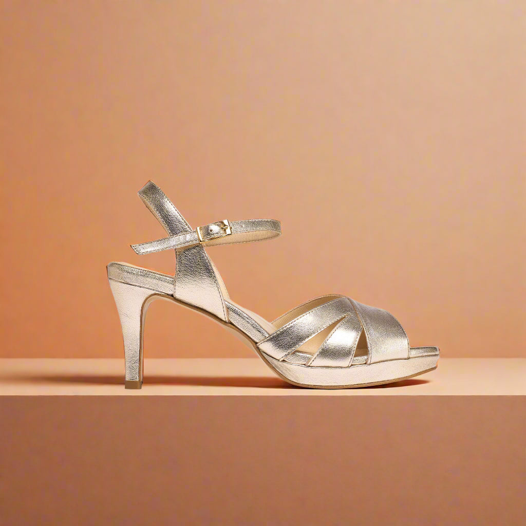 Emily champagne leather heel side view