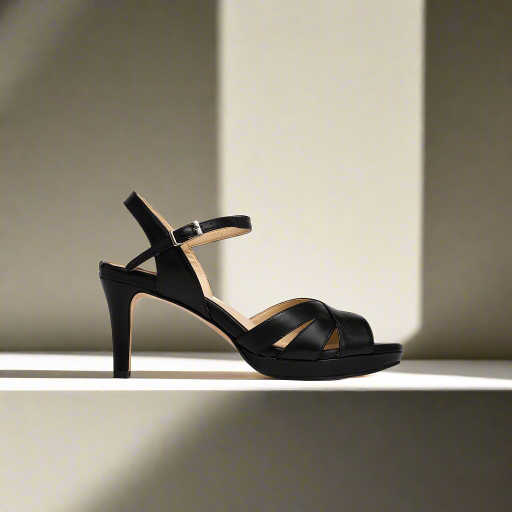 Emily - Black Leather Heeled Sandals
