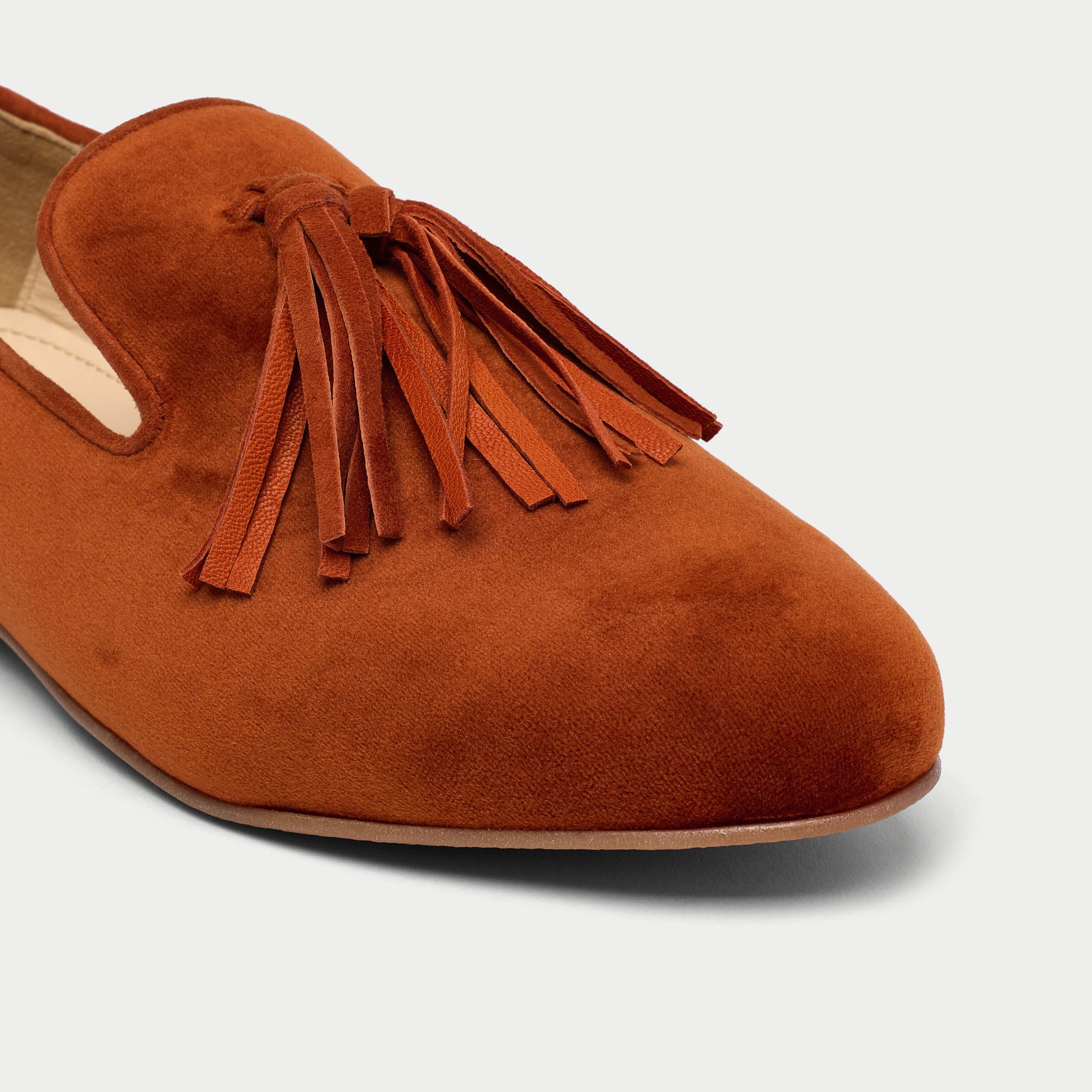Freya burnt orange loafer tip close up