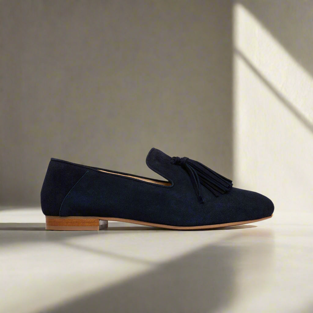 Freya deep navy suede loafers side view