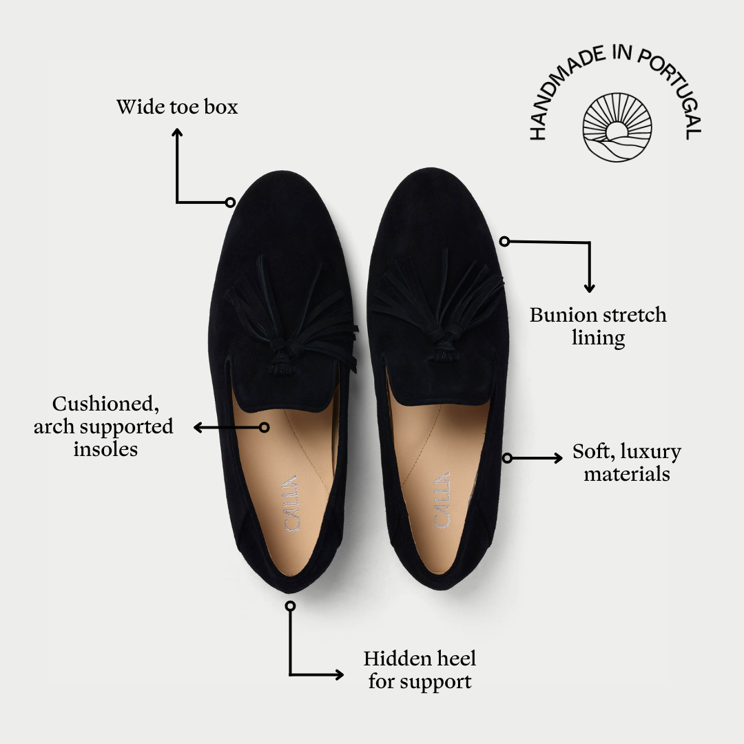 Black loafers with features highlighted on a white background