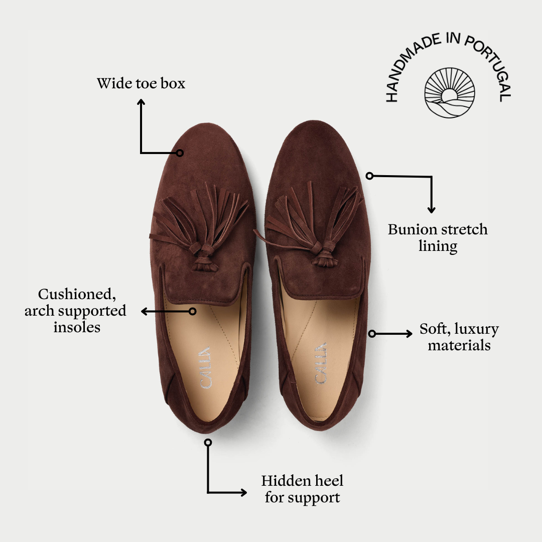 Brown loafers with features highlighted on a white background