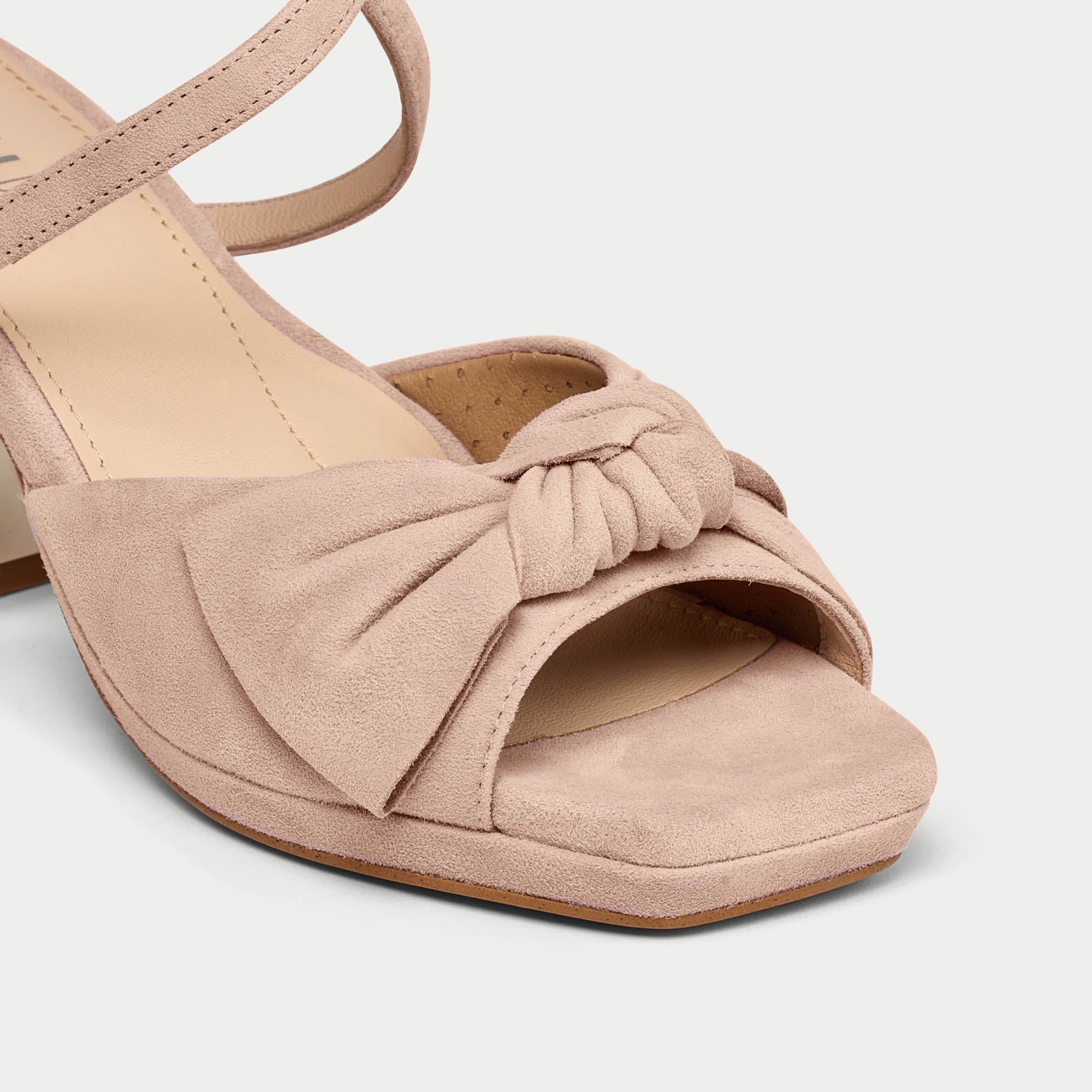 Lydia taupe suede sandal shoe tip close up