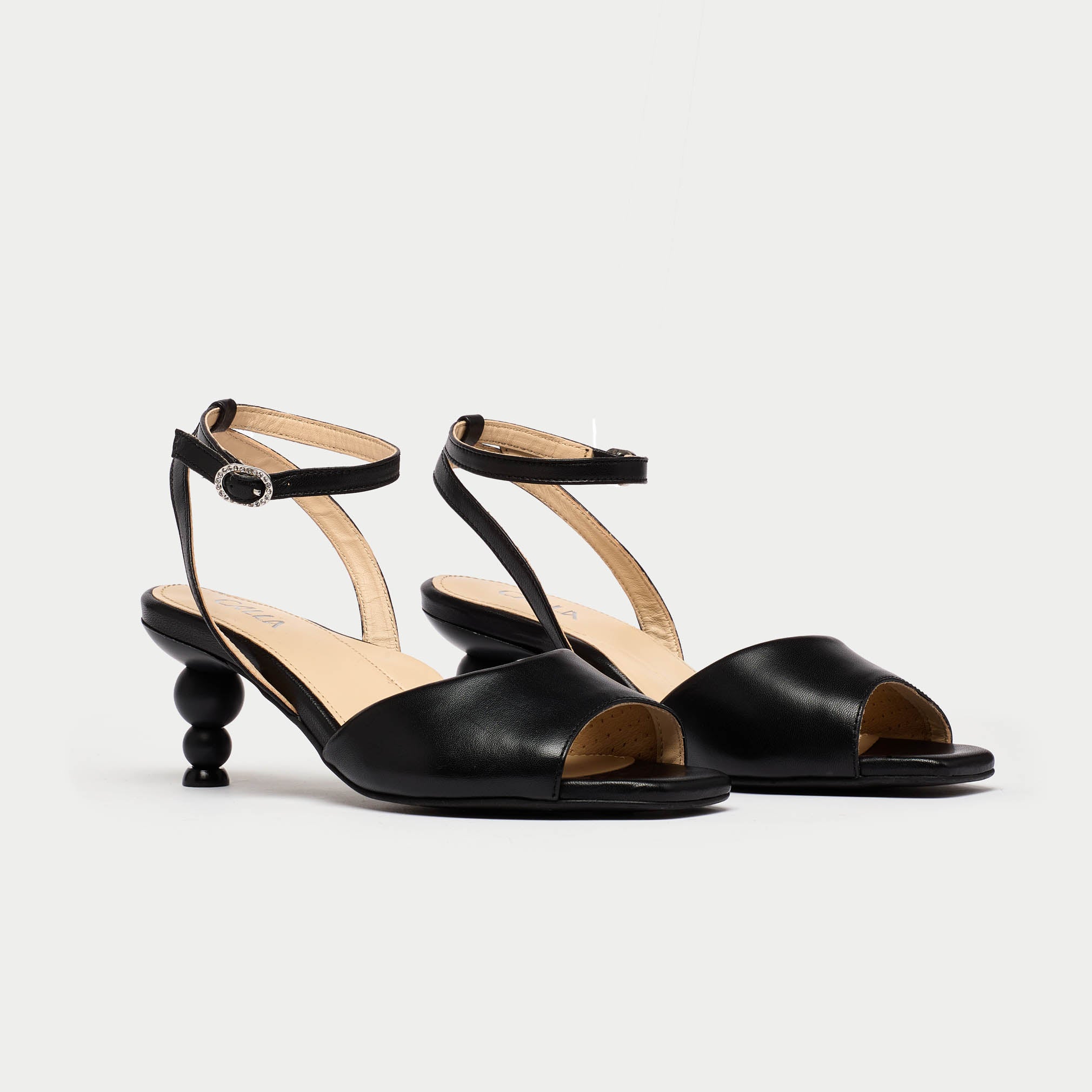 Gloria - Black Leather Kitten Heels