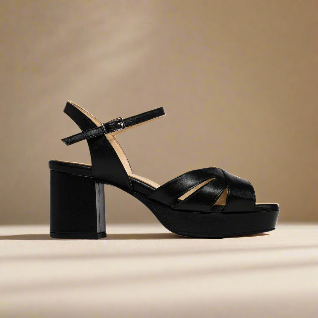 Gracie - Black Leather Block Heels