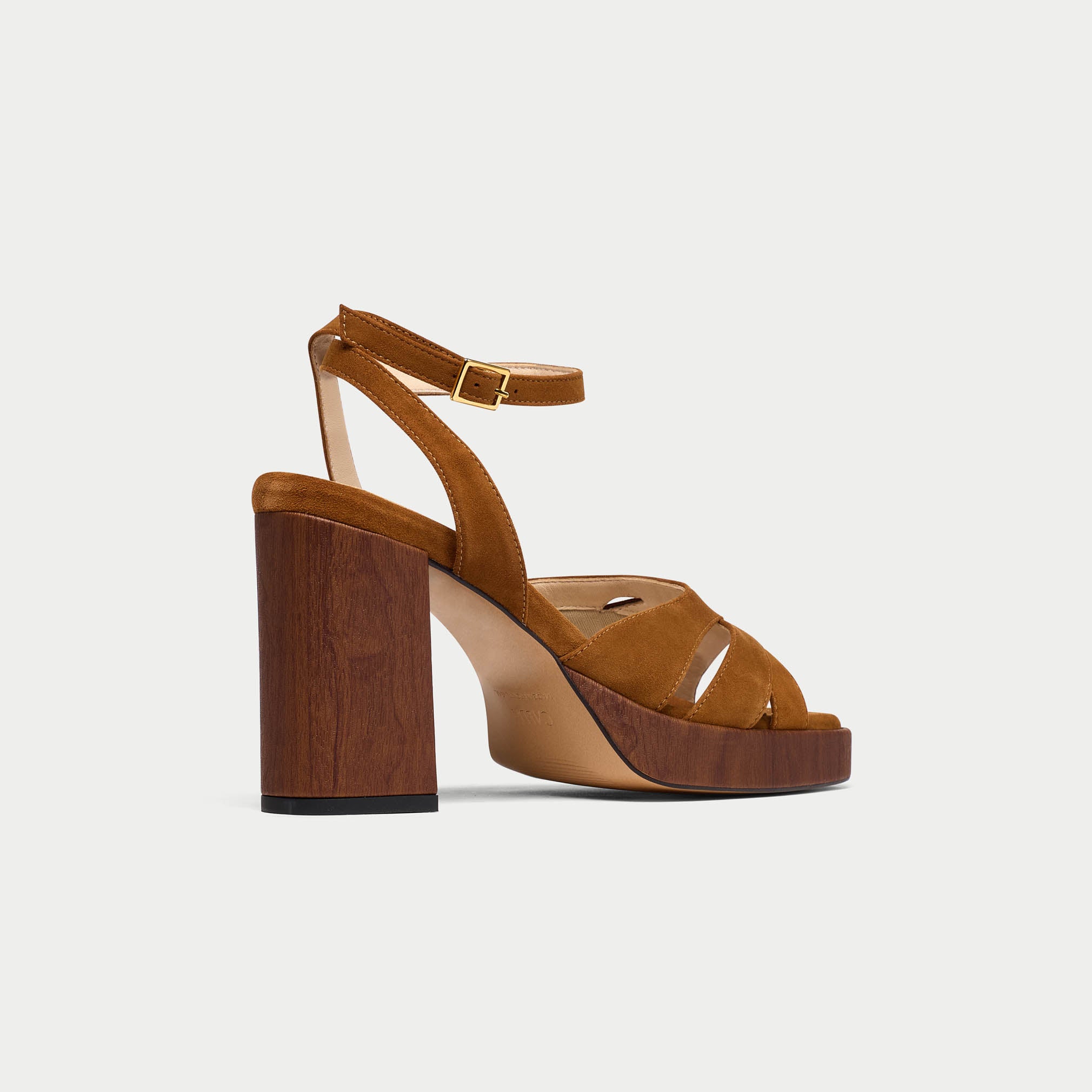 Heather tan heels back/side view