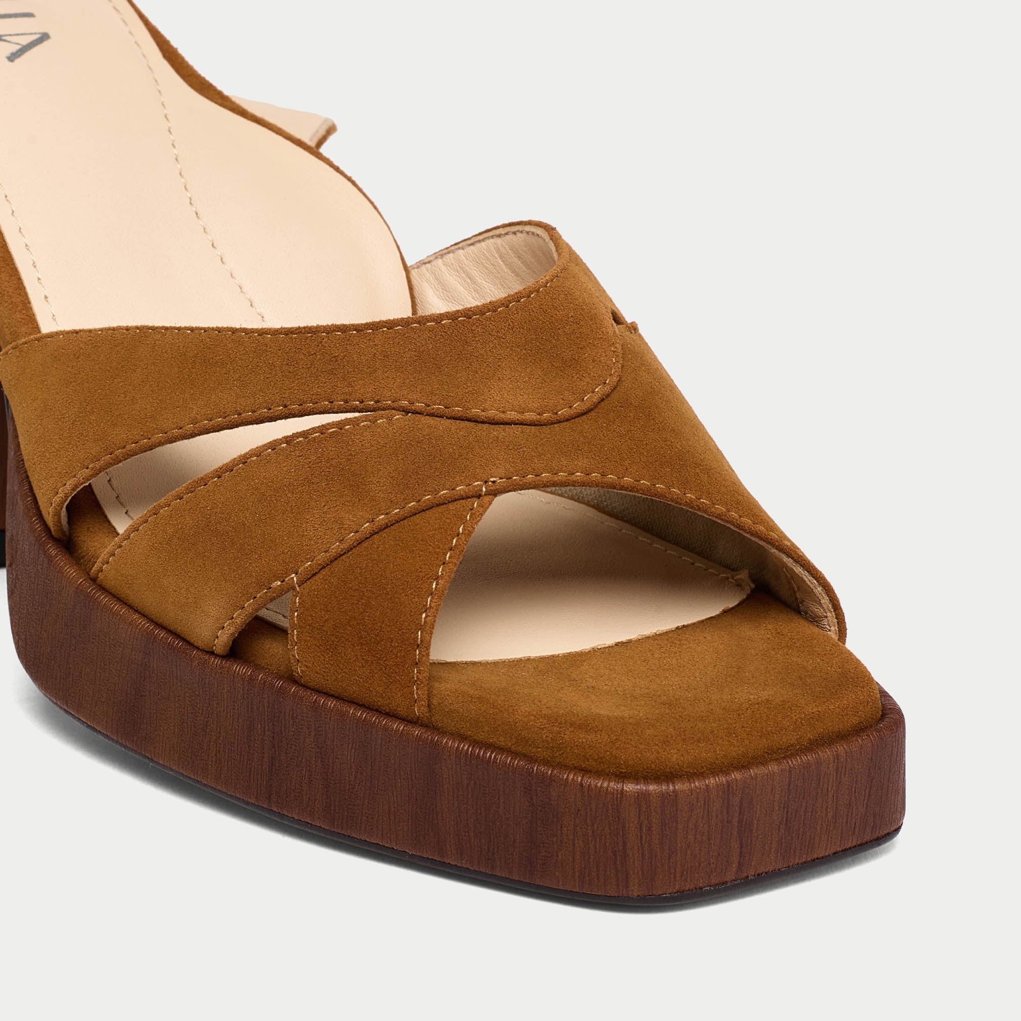 Heather tan heels for bunions tip close up