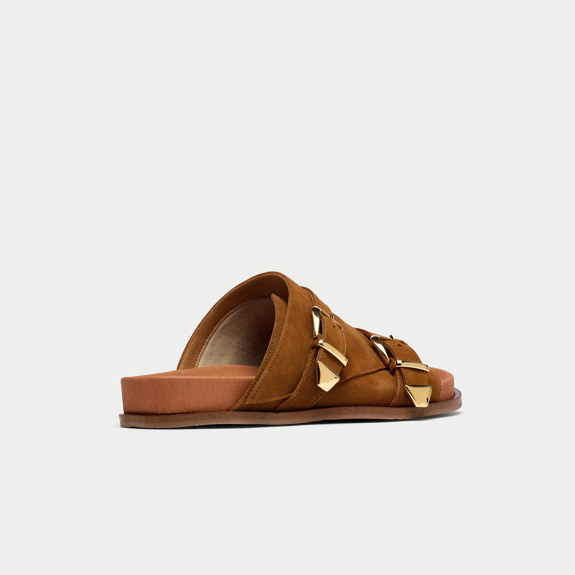 back view of tan suede sandals for bunions