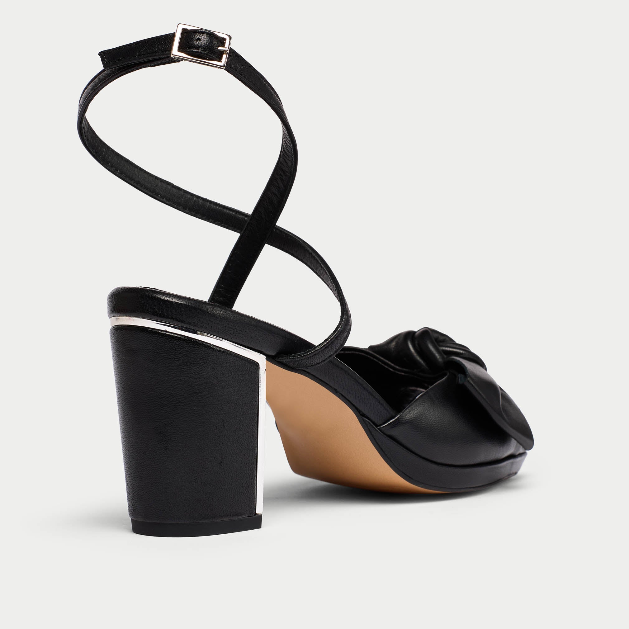 Lydia black leather sandal shoe heel close up