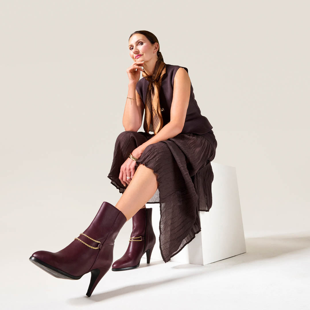 burgundy dress with brown boots Calla | Maya