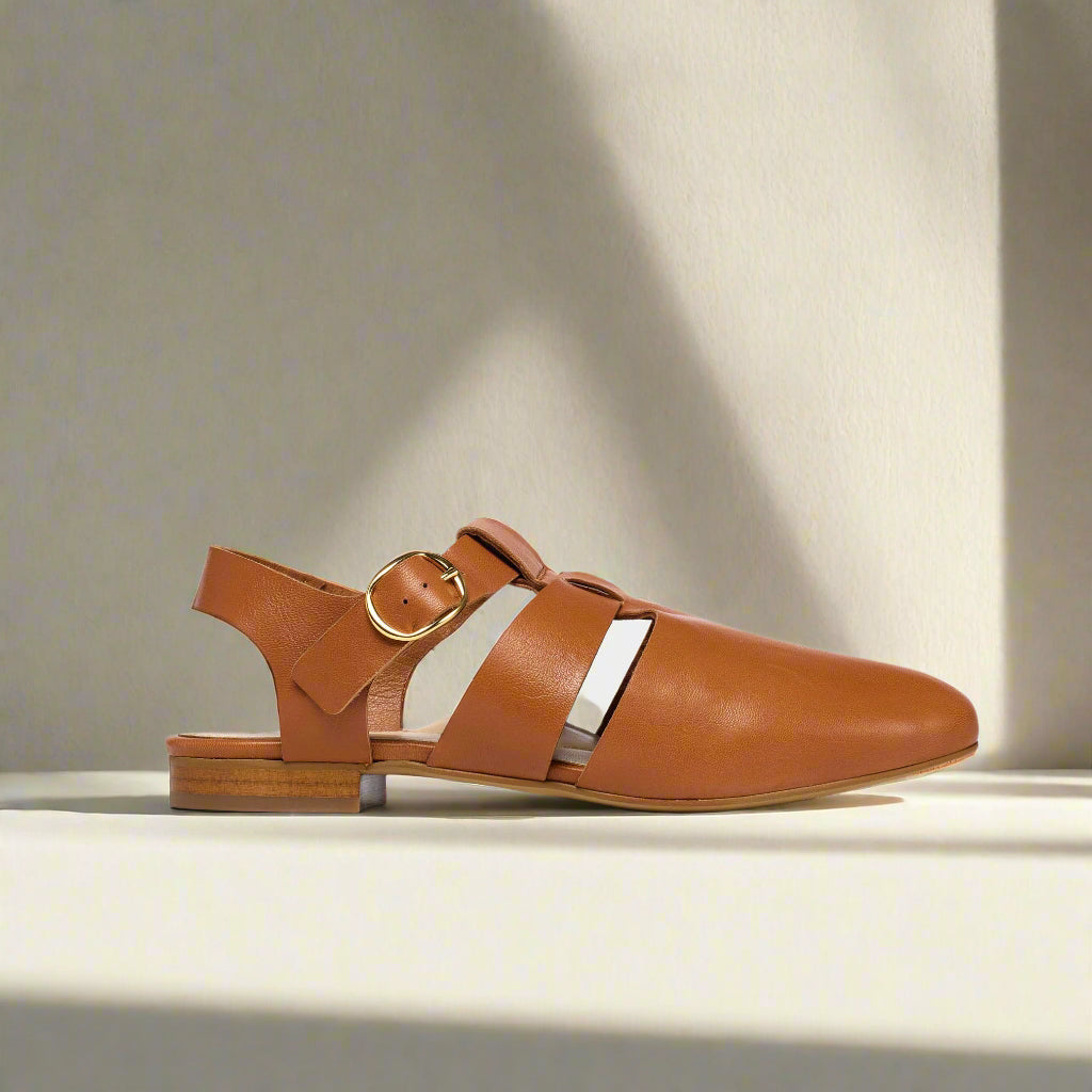 minnie tan sandals for bunions side view