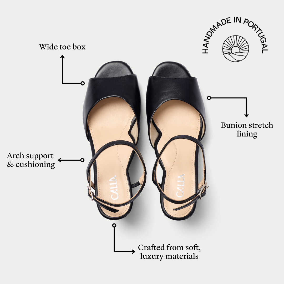 Black sandals with features highlighted on a white background