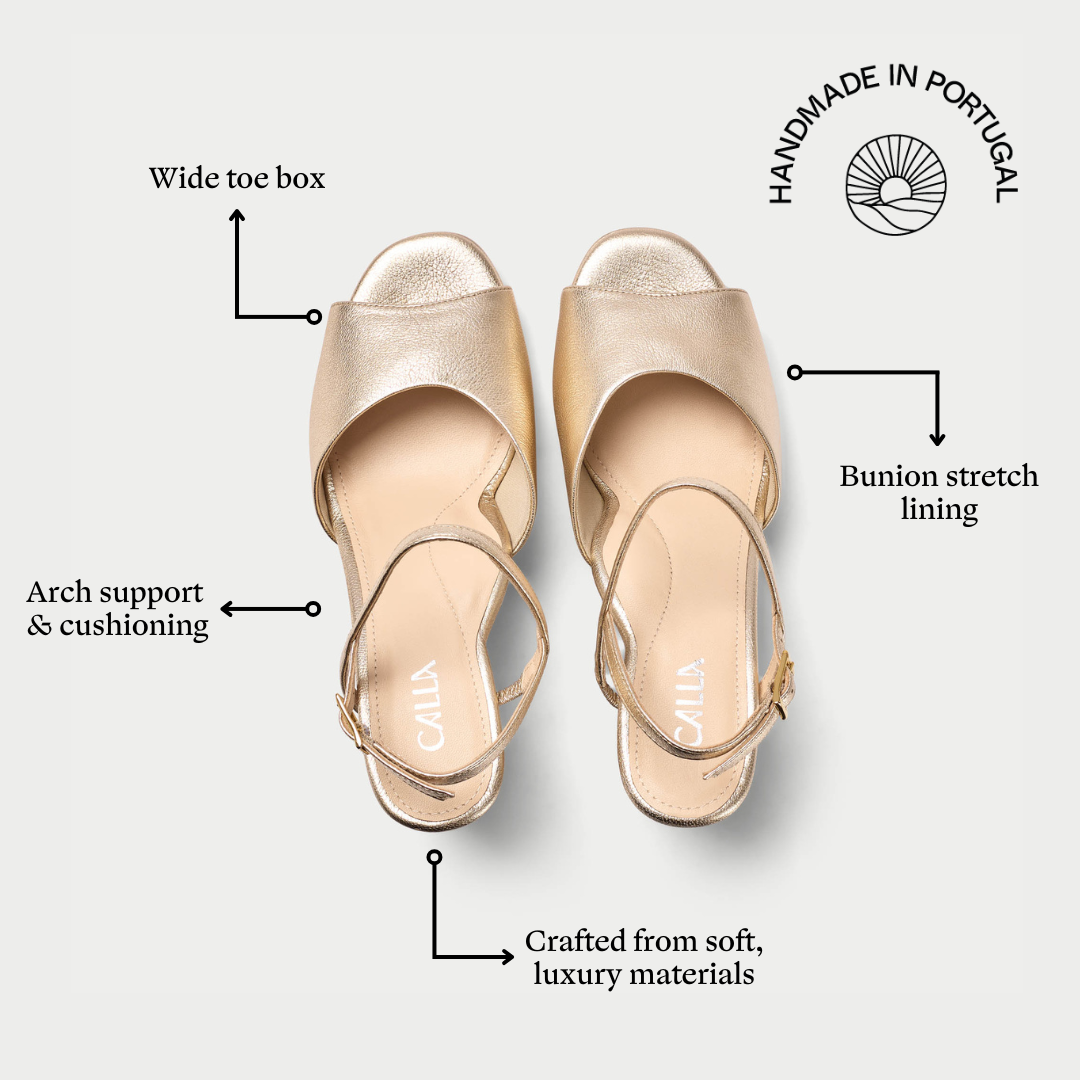 Pair of gold sandals with features highlighted on a white background