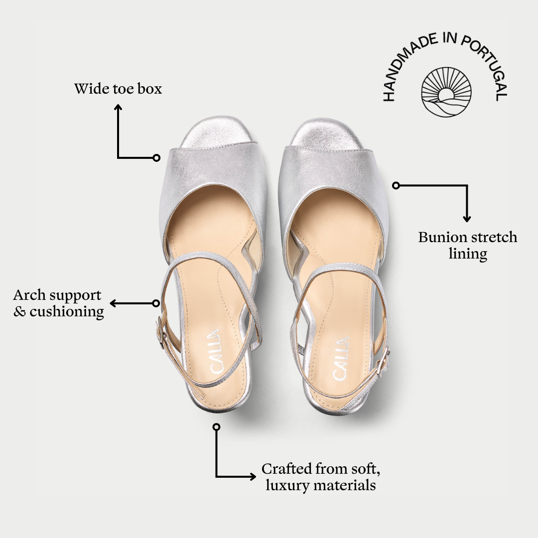 Silver sandals with features highlighted on a white background