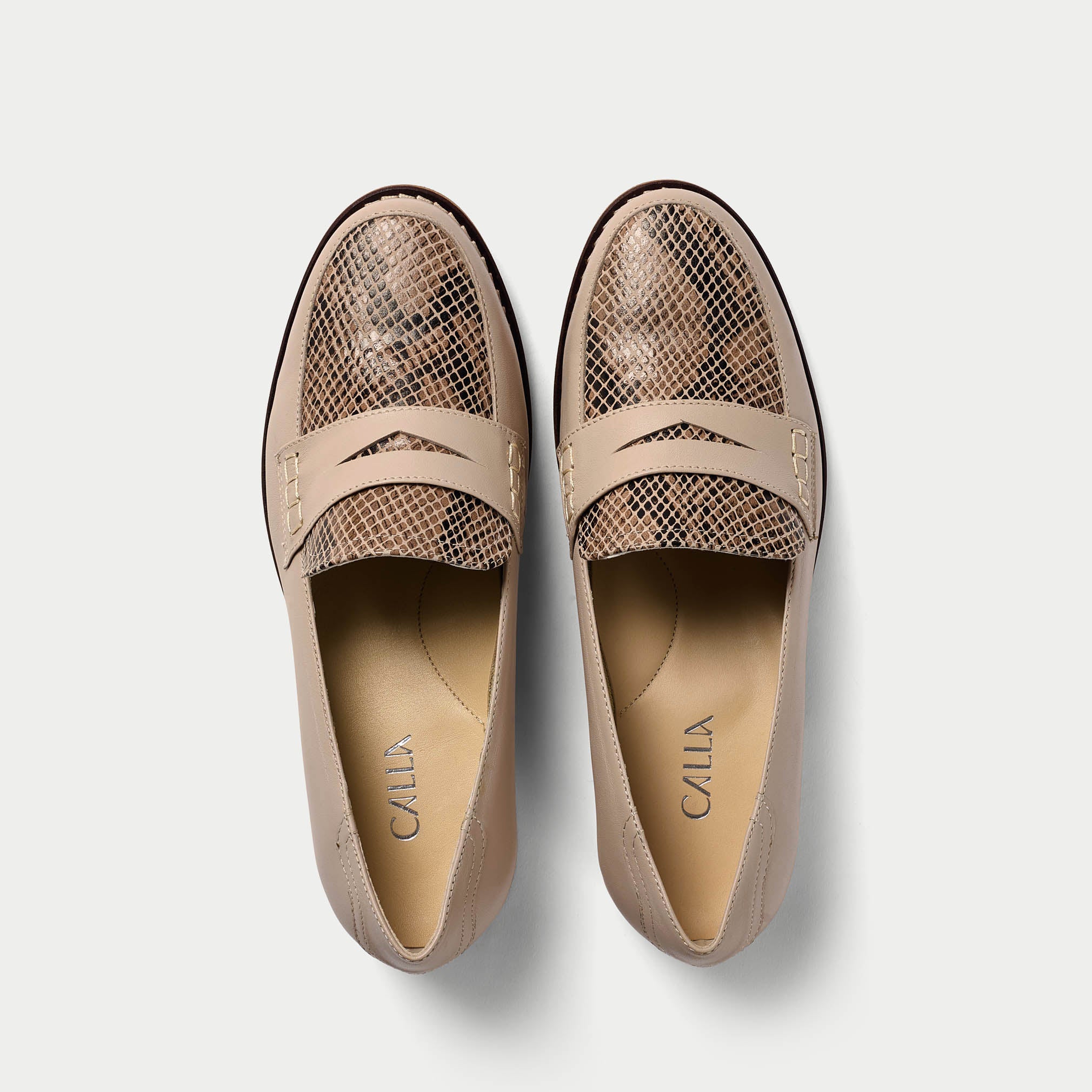 top view of oyster snake print loafers for bunions
