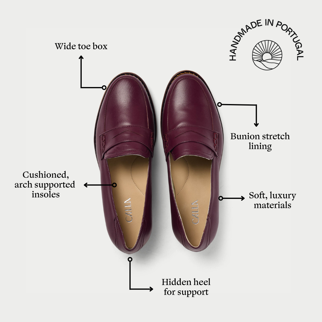 Pair of Nadia cherry loafers with features highlighted on a white background