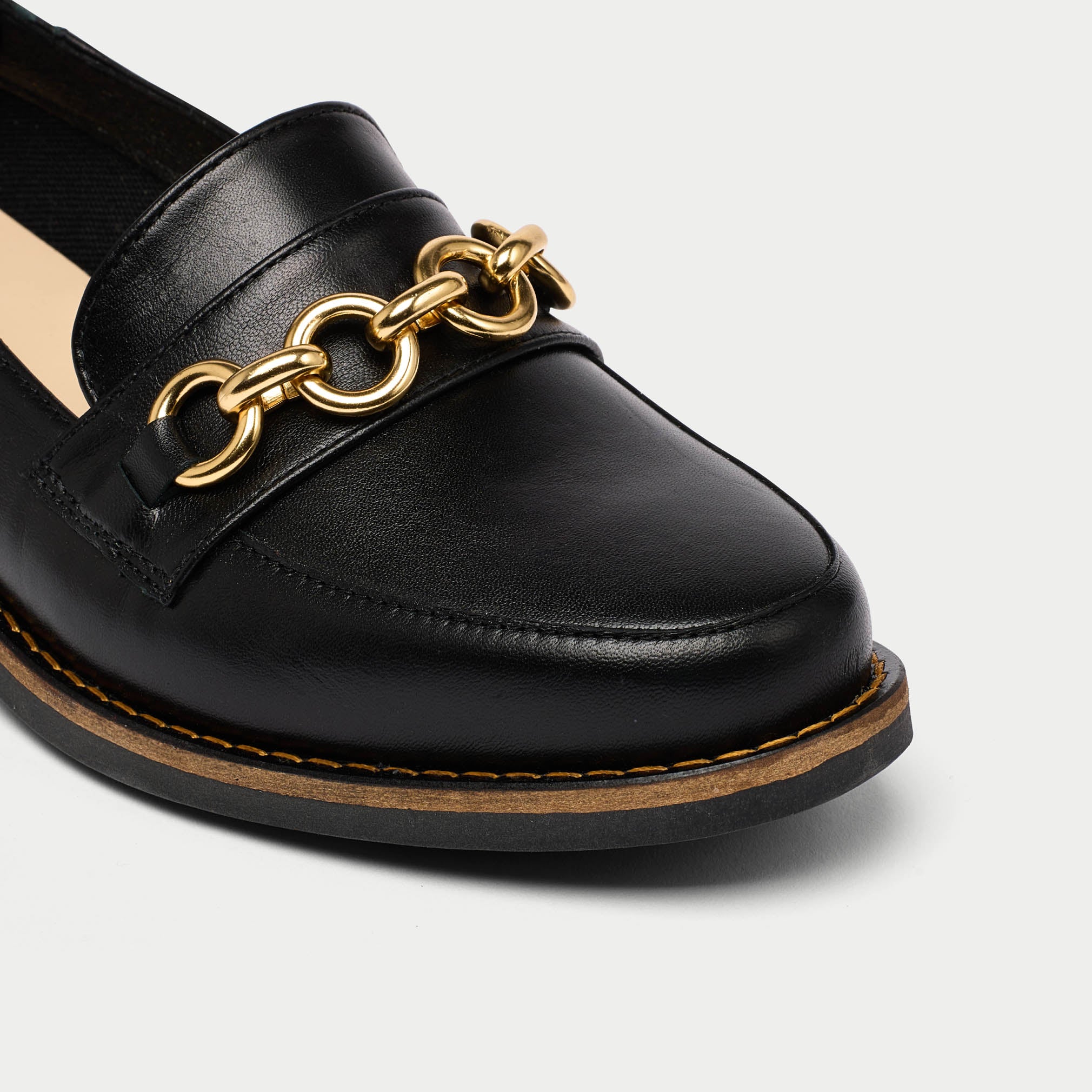 Rebecca black leather loafer tip close up