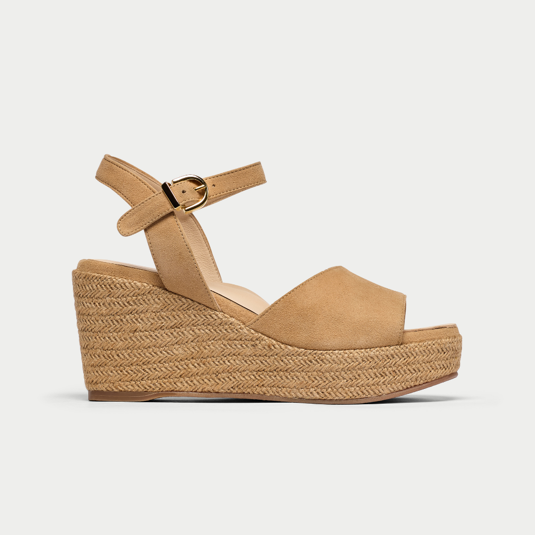 Rosa latte suede wedges side view