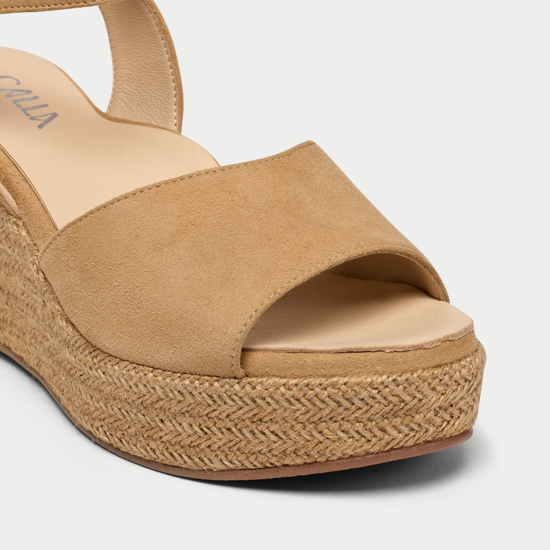 Rosa latte suede wedges tip view