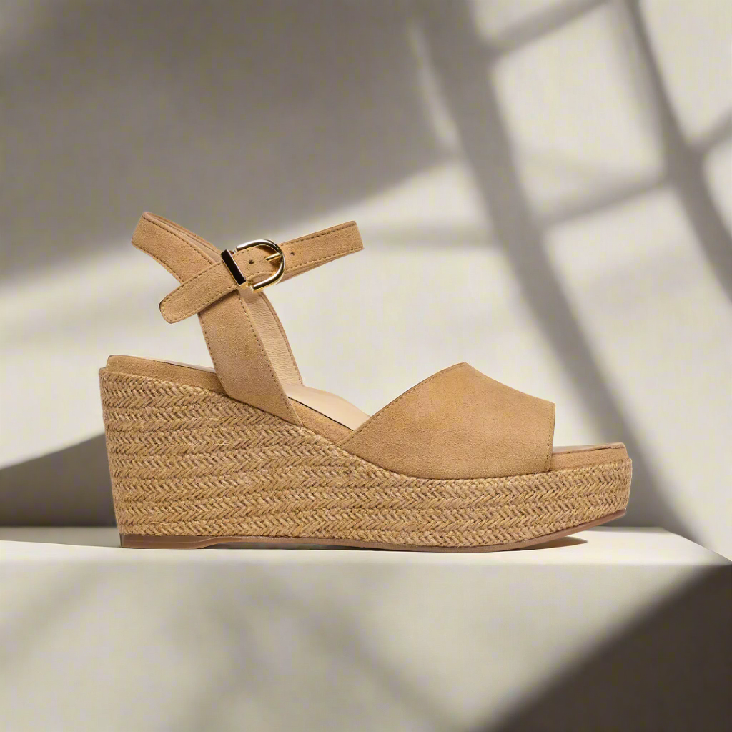 Rosa latte suede wedges side view