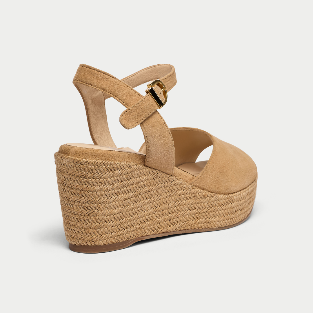 Rosa latte suede wedges back view