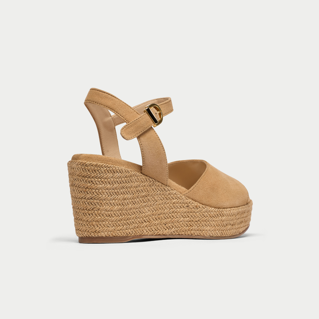 Rosa latte suede wedges back/side view