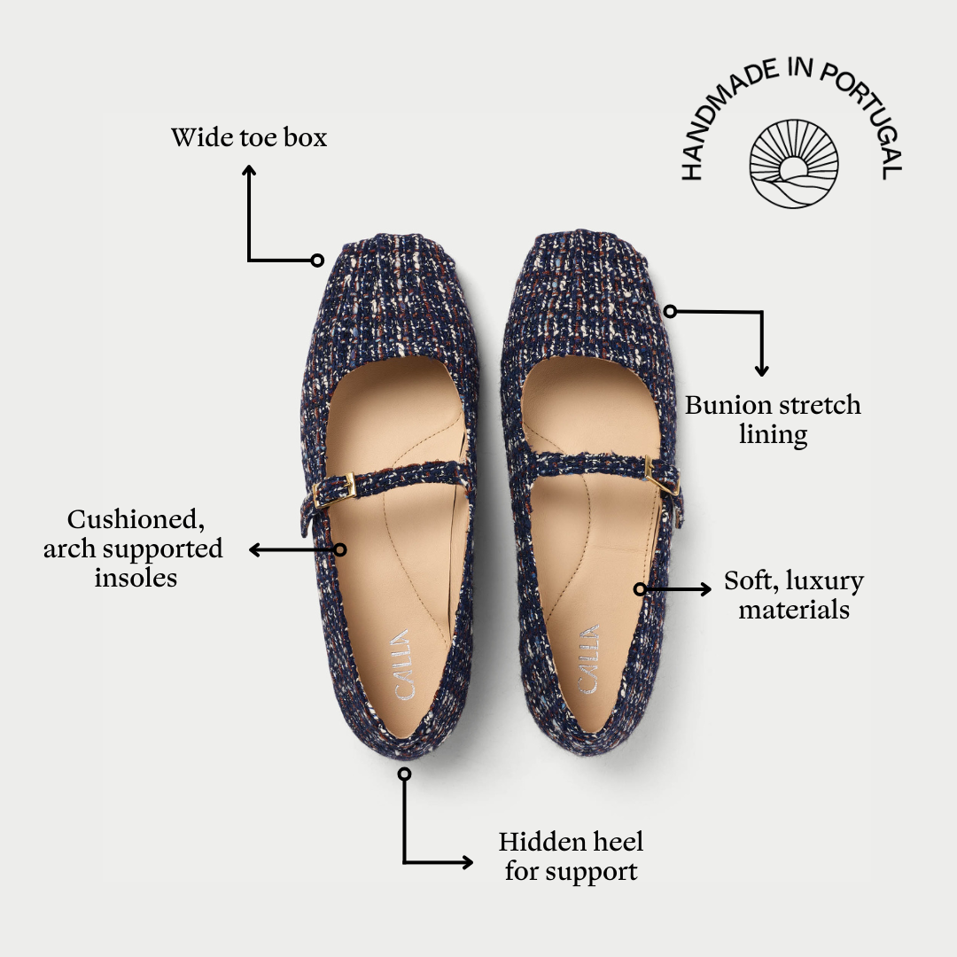 Pair of navy tweed shoes with features highlighted on a white background