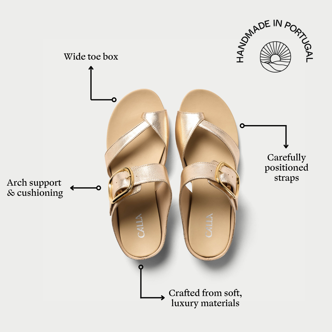 Ruby champagne sandals for bunions features