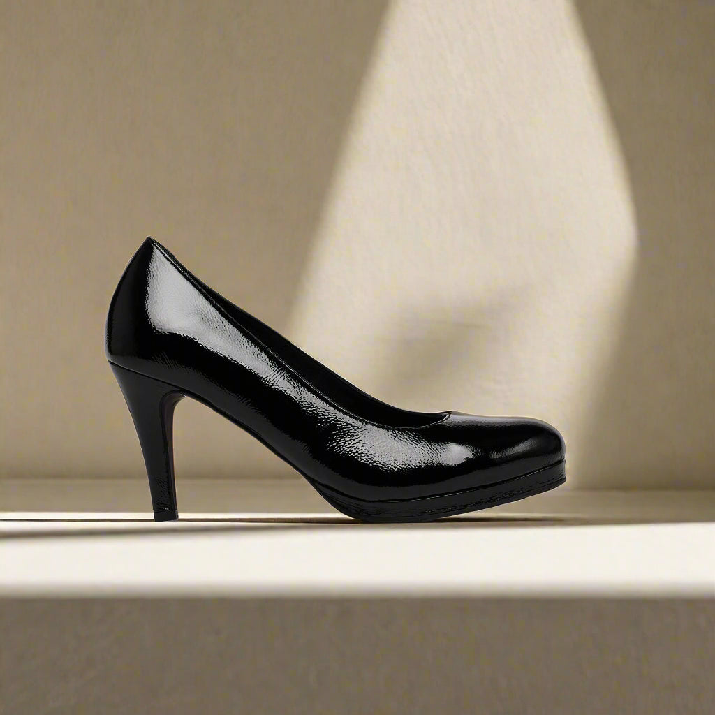 Sophia black shine leather heel side view