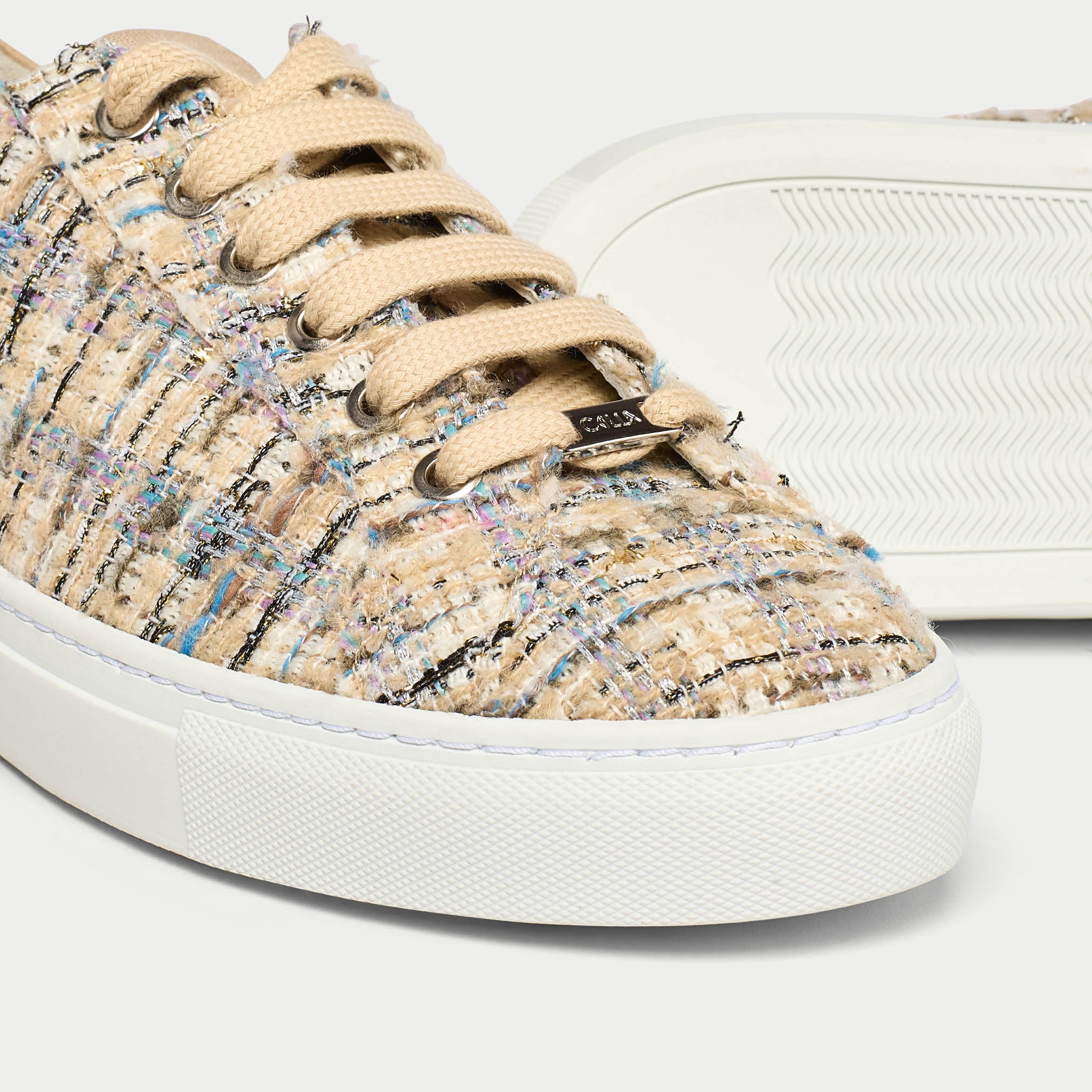 star beige tweed trainers tip view