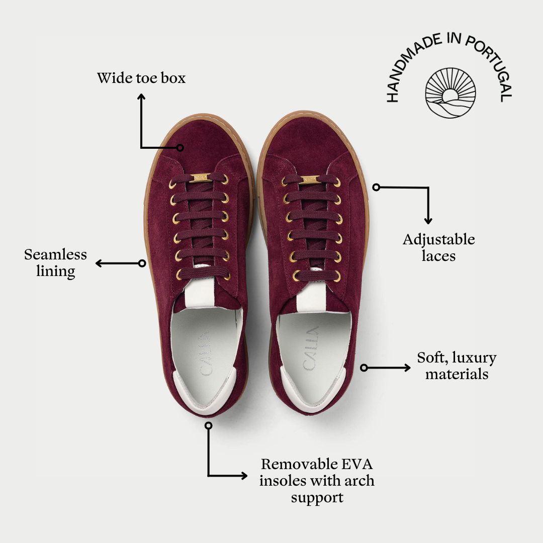 star cherry suede sneakers with features highlighted on a white background