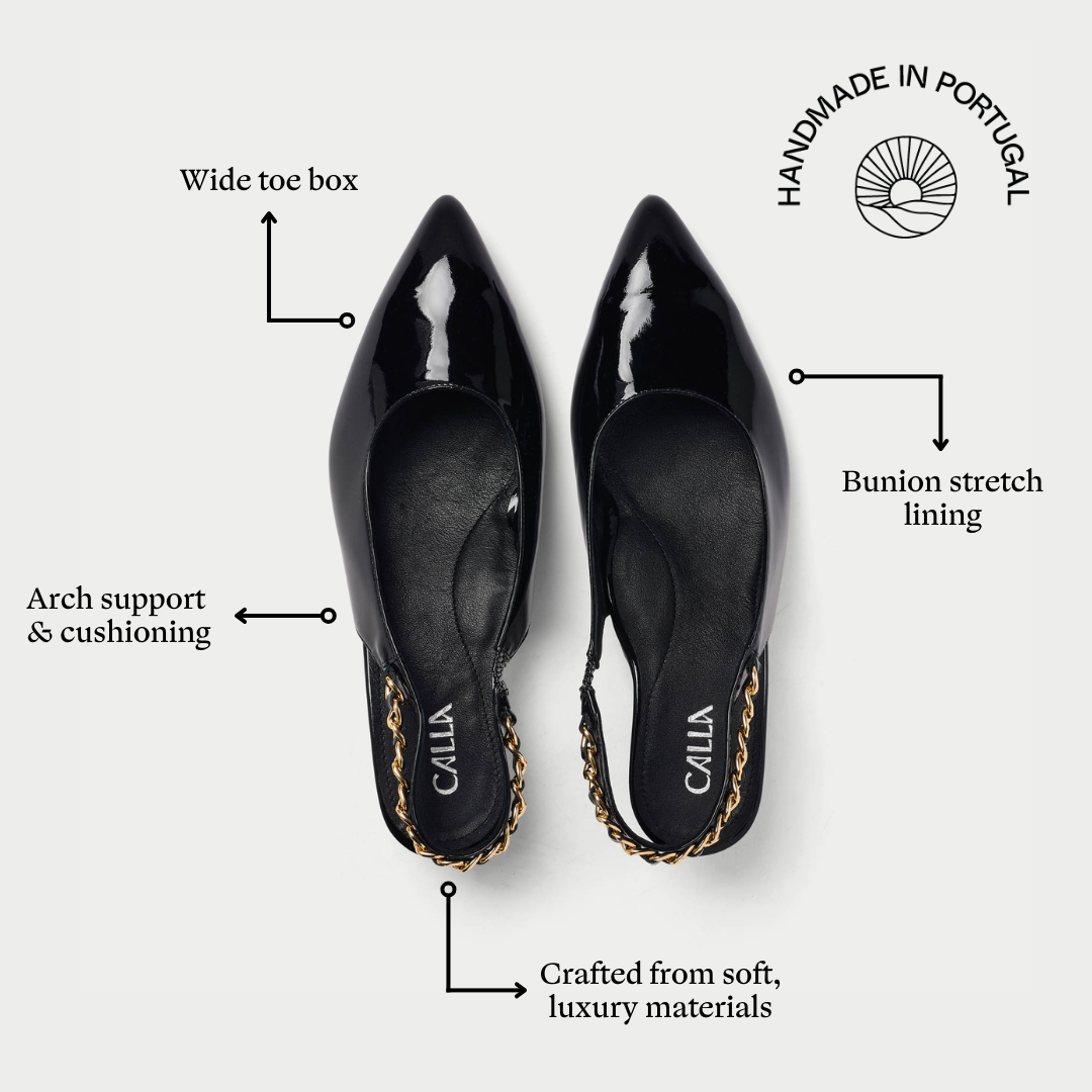 Black Thea shoes with features highlighted on a white background