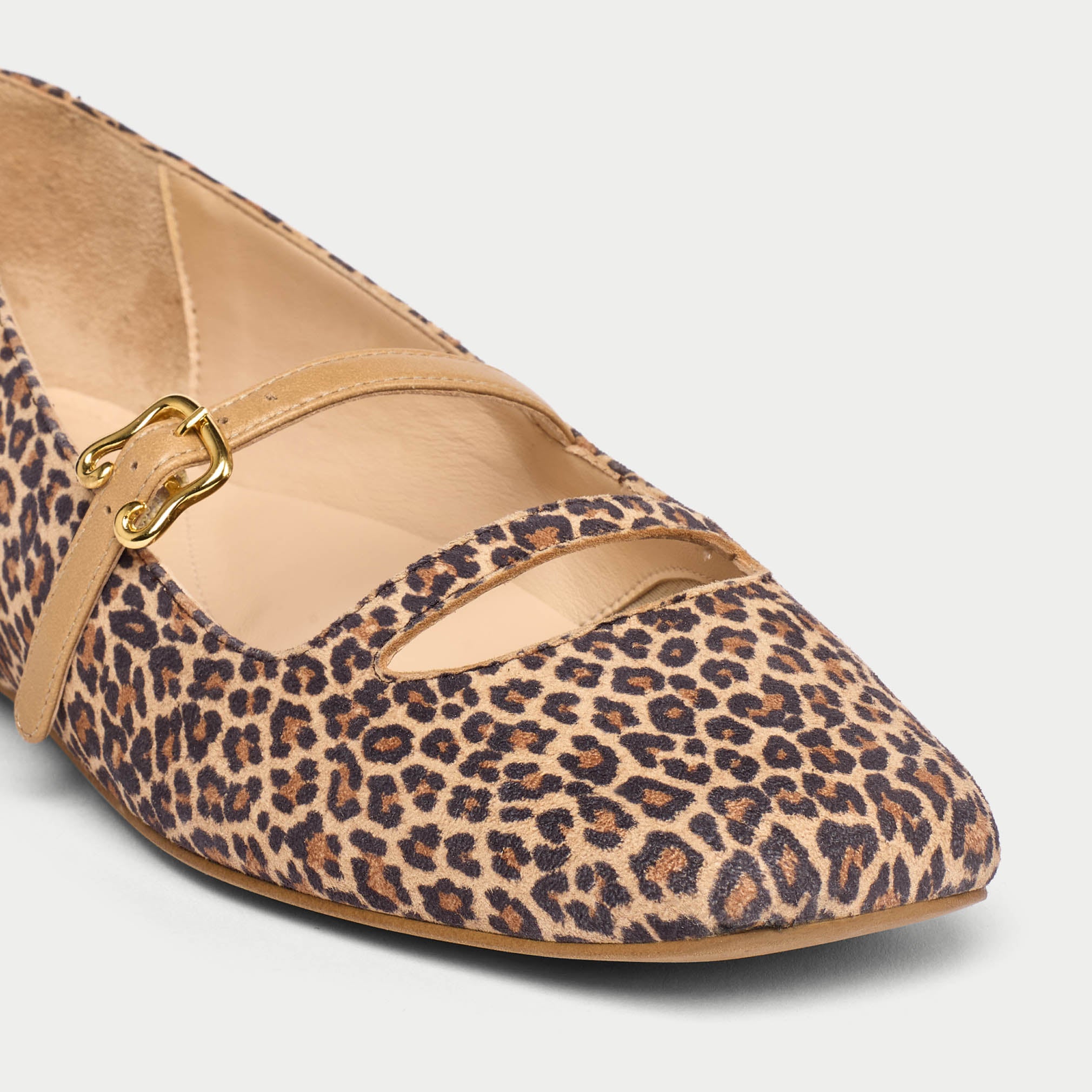 Leopard print flat shoe with a gold buckle on a light gray background