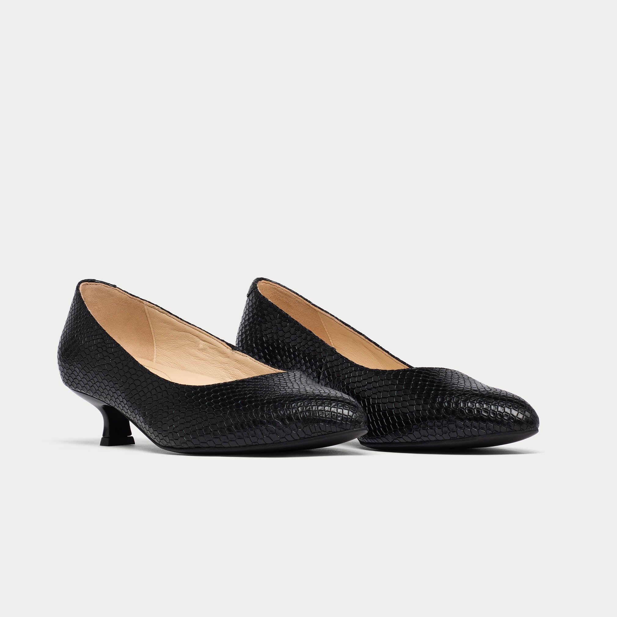 Pair of black low-heeled shoes on a white background
