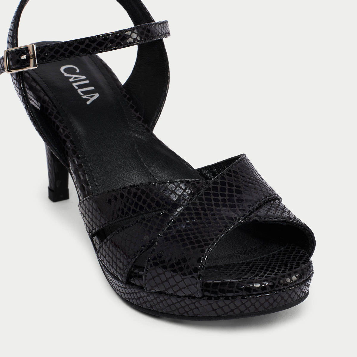 Emily - Black Snake Leather Heeled Sandals