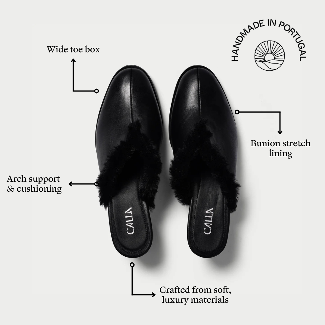 Eden black leather and fur mules features