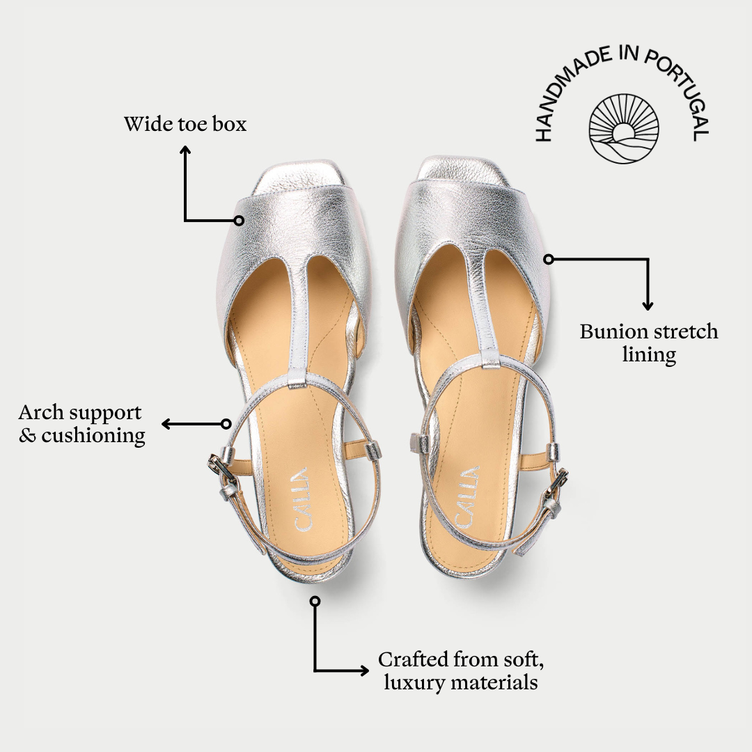 Silver high-heeled shoes with features highlighted on a white background