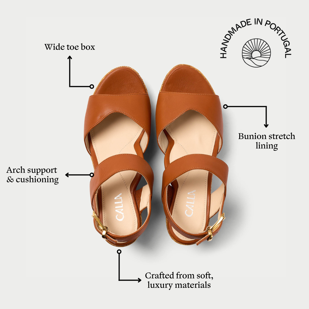 Brown sandals with features highlighted on a white background