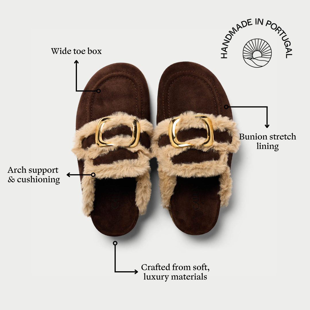 Brown slippers with fur trim on a white background, featuring text labels about shoe features.