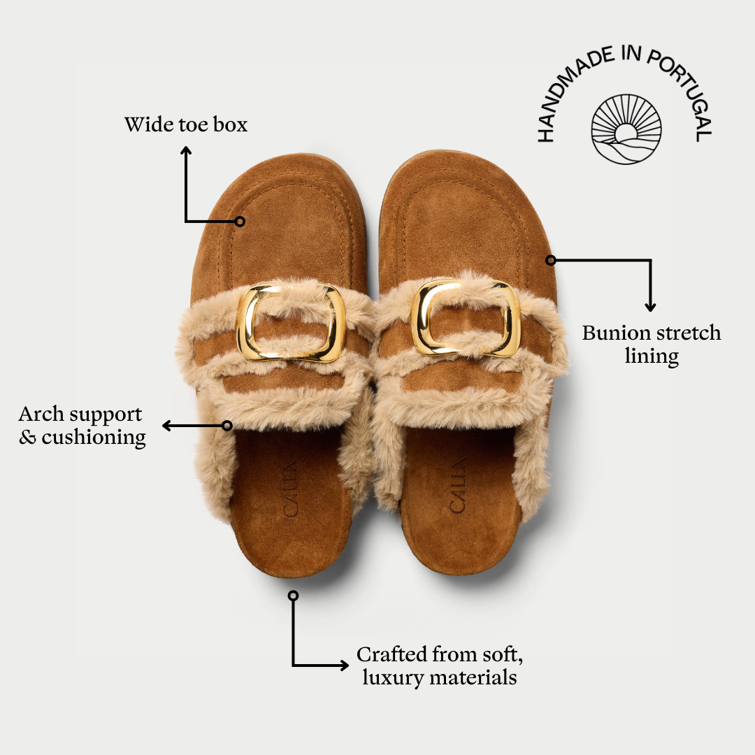 Brown sandals with fur details on a white background, labeled for features.