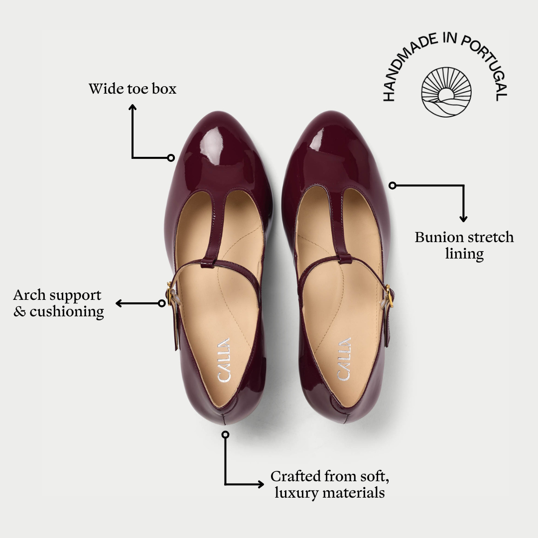 Pair of maroon shoes with features highlighted on a white background