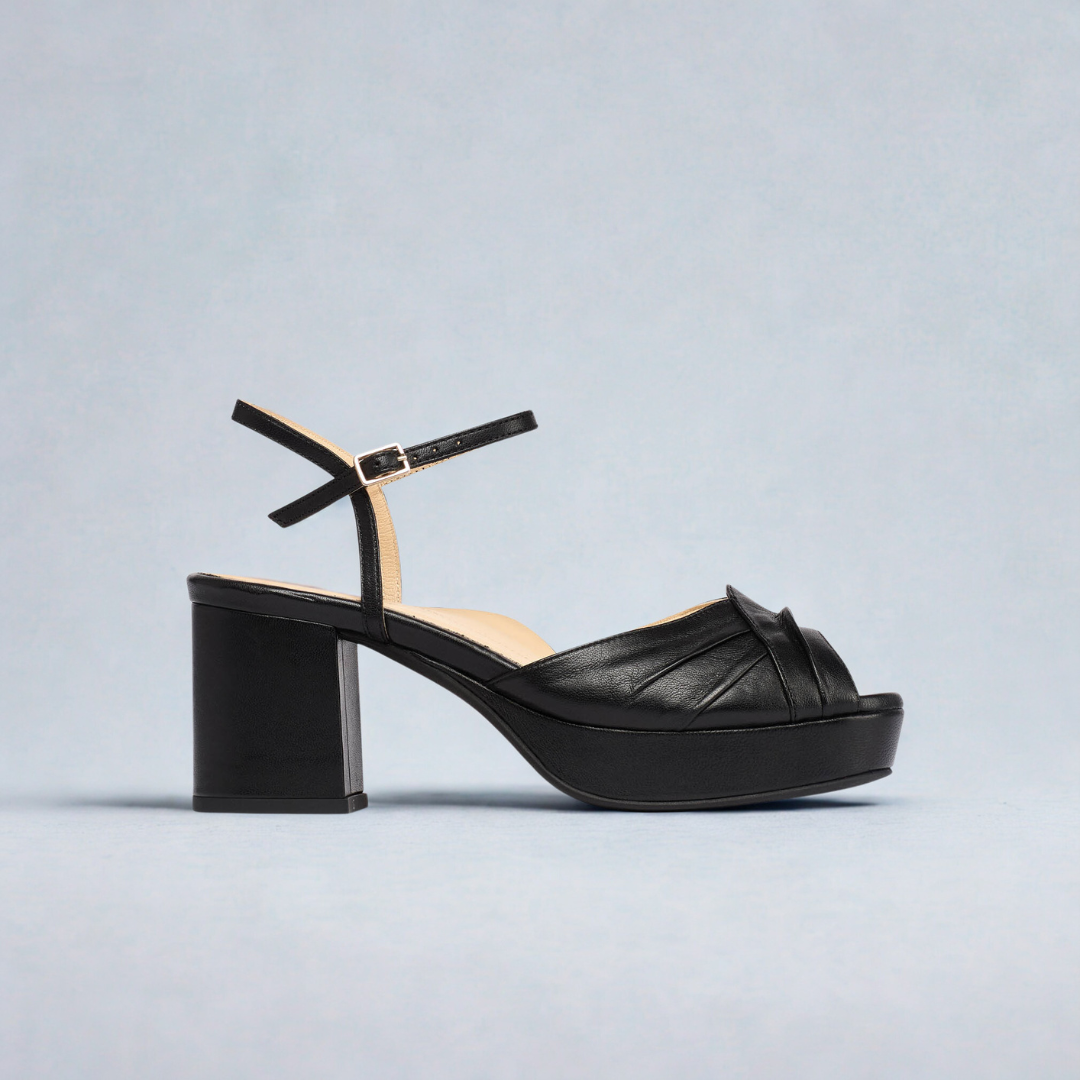 Lottie - Black Leather Block Heels