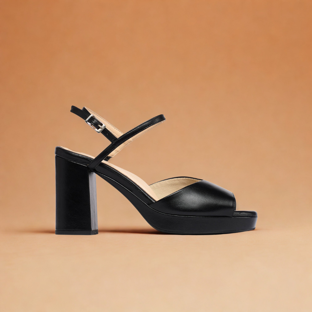 Margot - Black Leather Block Heels